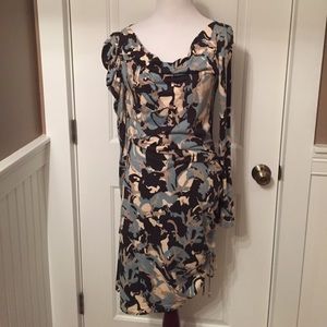 ALICE BY TEMPERLEY DRESS SHEATH BLUE CREAM ABSTRACT RUCHED Size 6